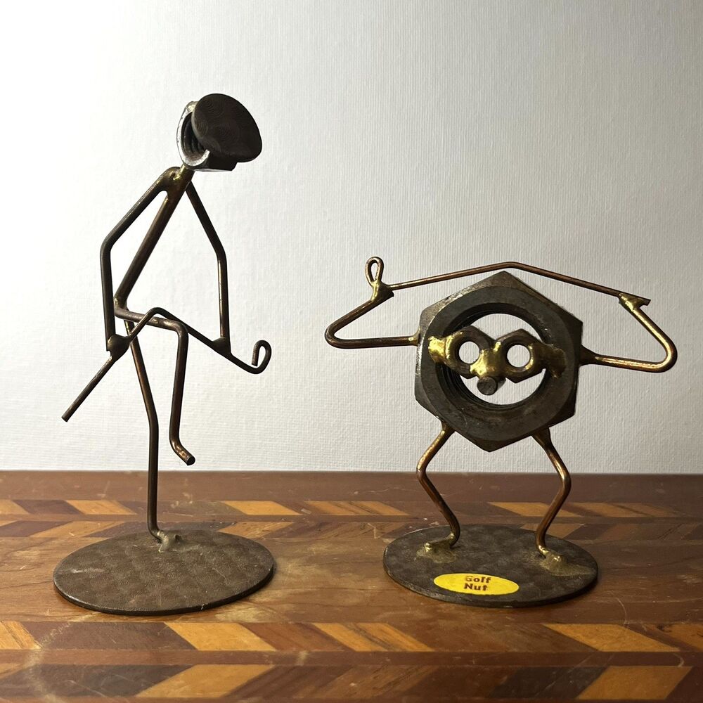 Vintage Set of Two (2) 7” Metal “Nuts & Bolts”Golf Art  Sculpture Figurines